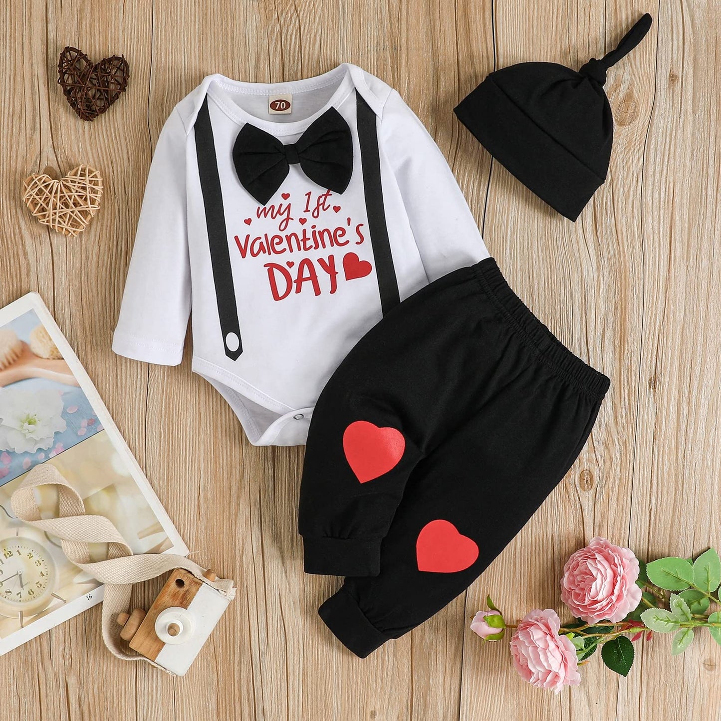 Odimame My 1St Valentines Baby Boy Outfits 12-18 Months Infant Romper Clothes Pants Set Cute Hat Black 100Cm