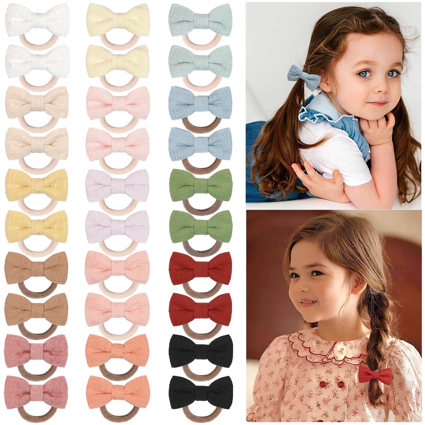 30Pcs Baby Hair Bows Ties, Floral Pattern Seamless Hair Rubber Bands For Baby Girls ' Fine Hair, 2 Inches Hair Bow 15 Colors In