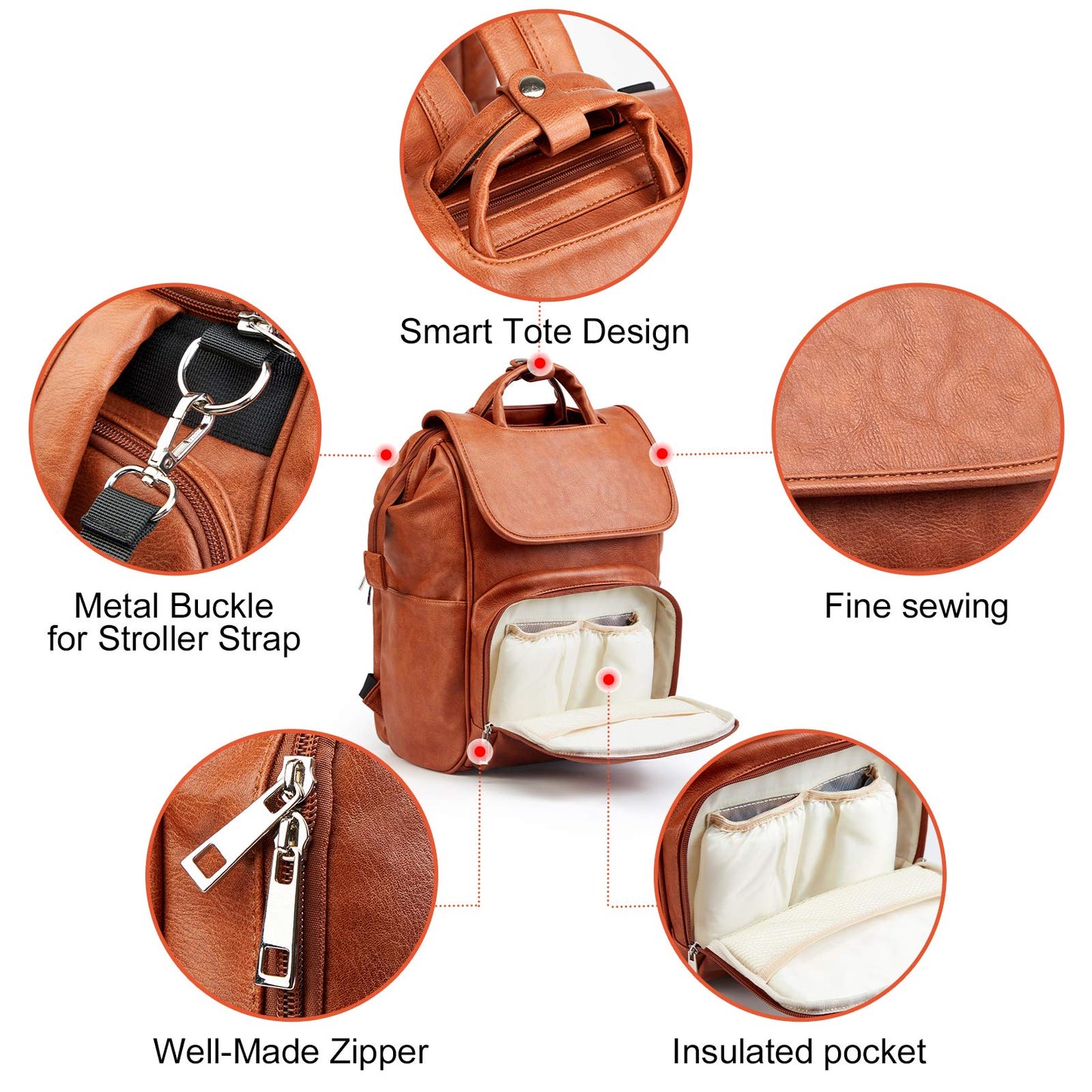Hahasole Leather Diaper Bag Backpack With Changing Mat Travel Backpack Waterproof&Insulated Large Nappy Bag Stroller Straps, Bro