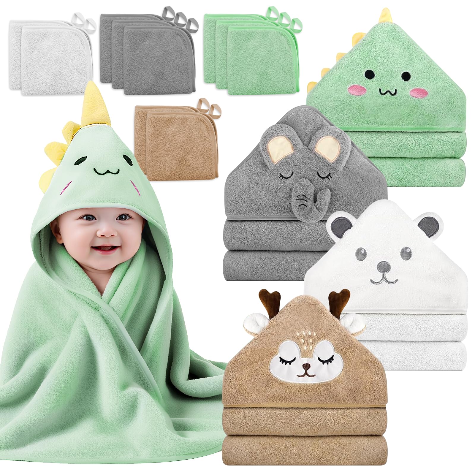14 PCS Baby Towels Set, 4 PCS Soft Baby Hooded Towels & 10 PCS Washcloths, Baby Bath Towels for Newborns, Infants & Toddlers, Ul