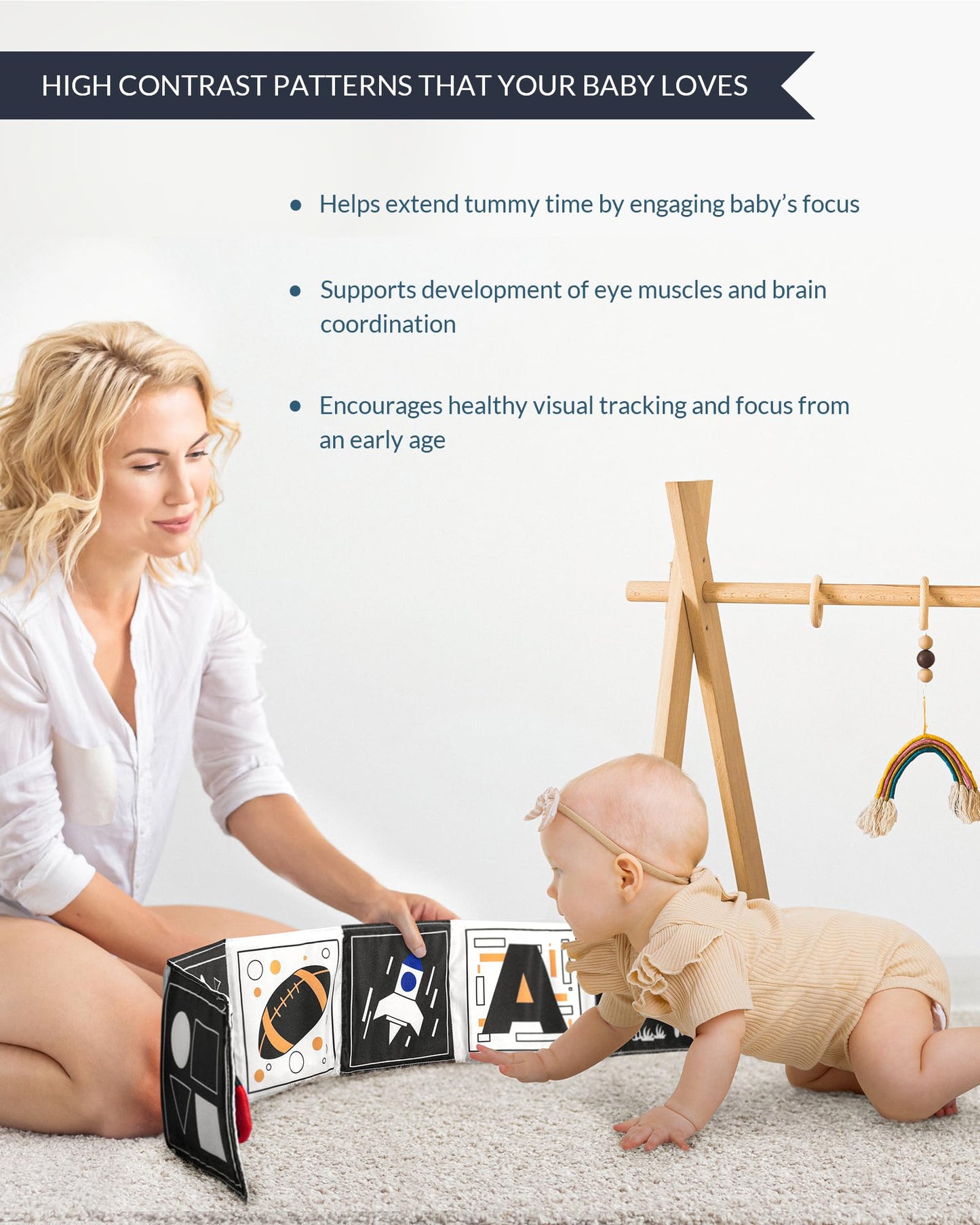 Infinno Black & White Baby Toys High Contrast Crinkle Cloth Activity Book, Infant Mirror Toys for Baby 0-6 Months, Newborn Senso
