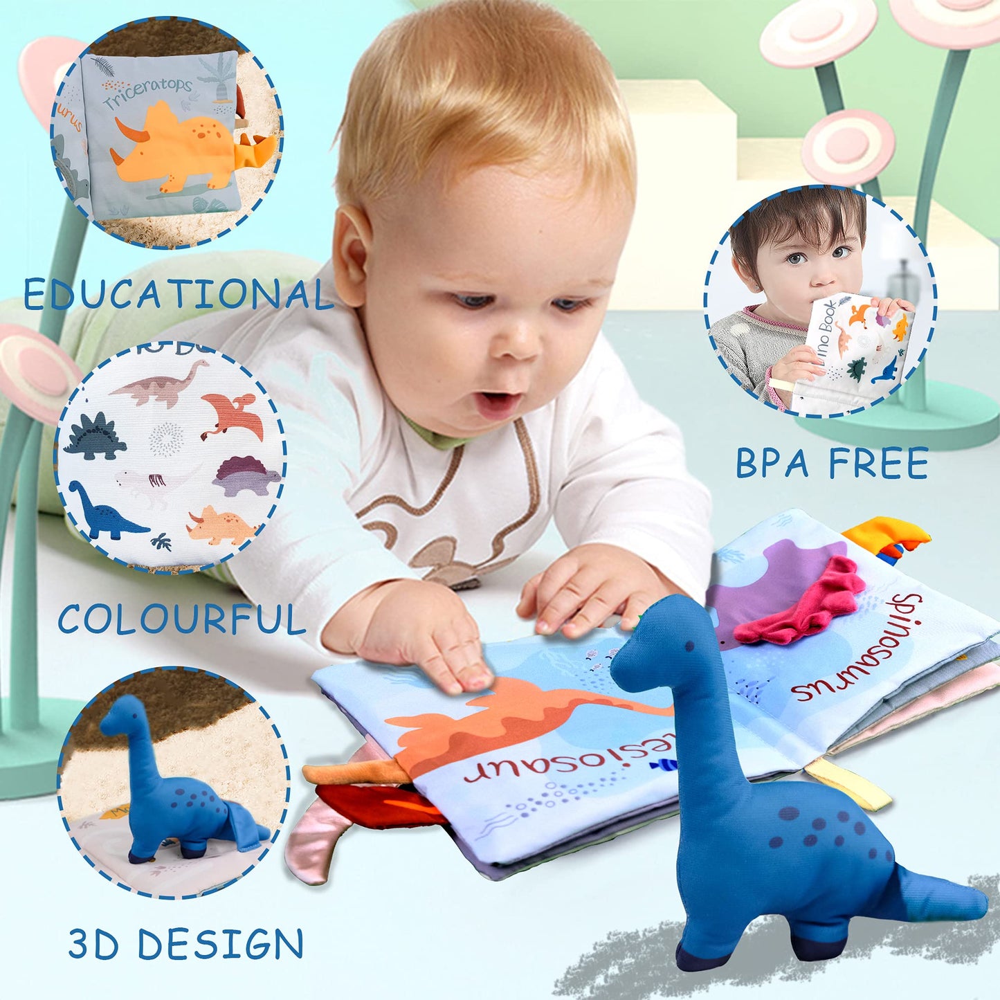 Richgv Baby Books Toys 6-12 Months, 2 Packs Interactive 3D Baby Cloth Books, Newborn Toys Gifts, Touch and Feel Crinkle Books, M