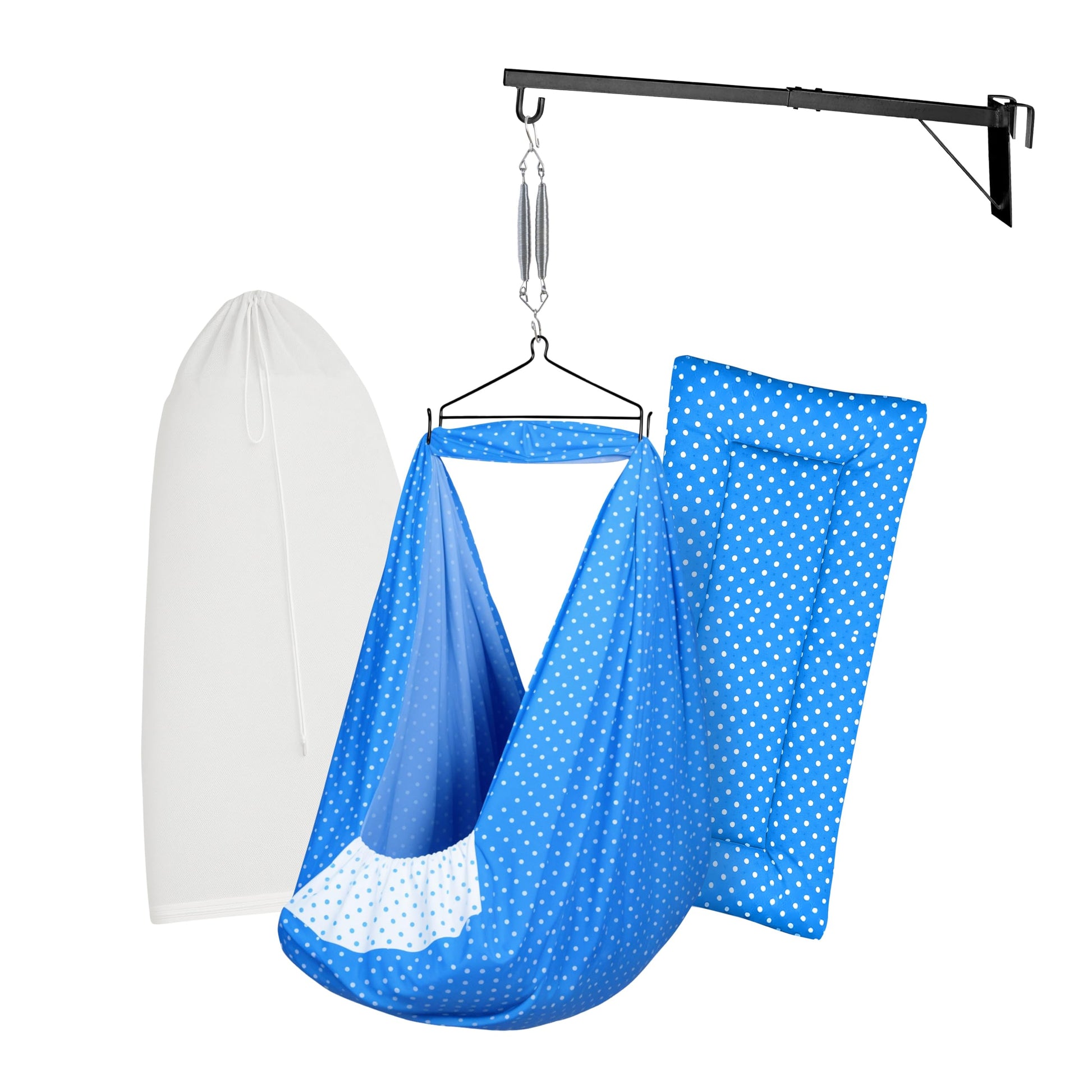 Beetot Baby Set | Pure Cotton Cloth, Removable Pad, Mosquito Net, Spring, Triangle, Window Hanger | Fs-Stripe (Dark Blue)