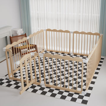 Baby Playpen, Wooden Playpen for Babies and Toddlers, Large Adjustable Wooden Baby Playard with Locking Gate, Easy to Assemble, 