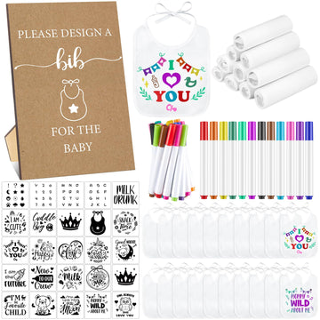 Panitay 100 Pcs Diy Baby Bibs Decorating Kit 50 White Bibs 25 Stencils 24 Fabric Markers 1 Baby Shower Game Sign(Kraft)