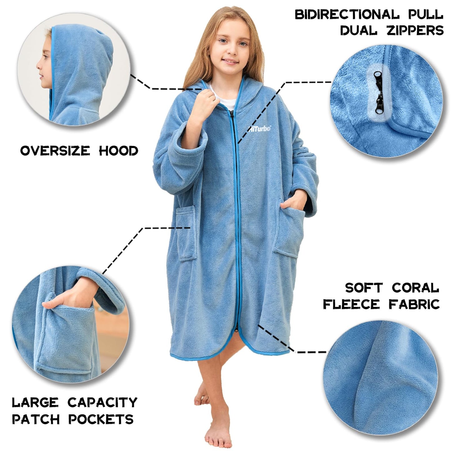 Hiturbo Kids Bath Towel Hoodie: Soft Plush Zipper Surf Poncho - Warm Fleece Changing Towels Swimming Outerwear (Gray)