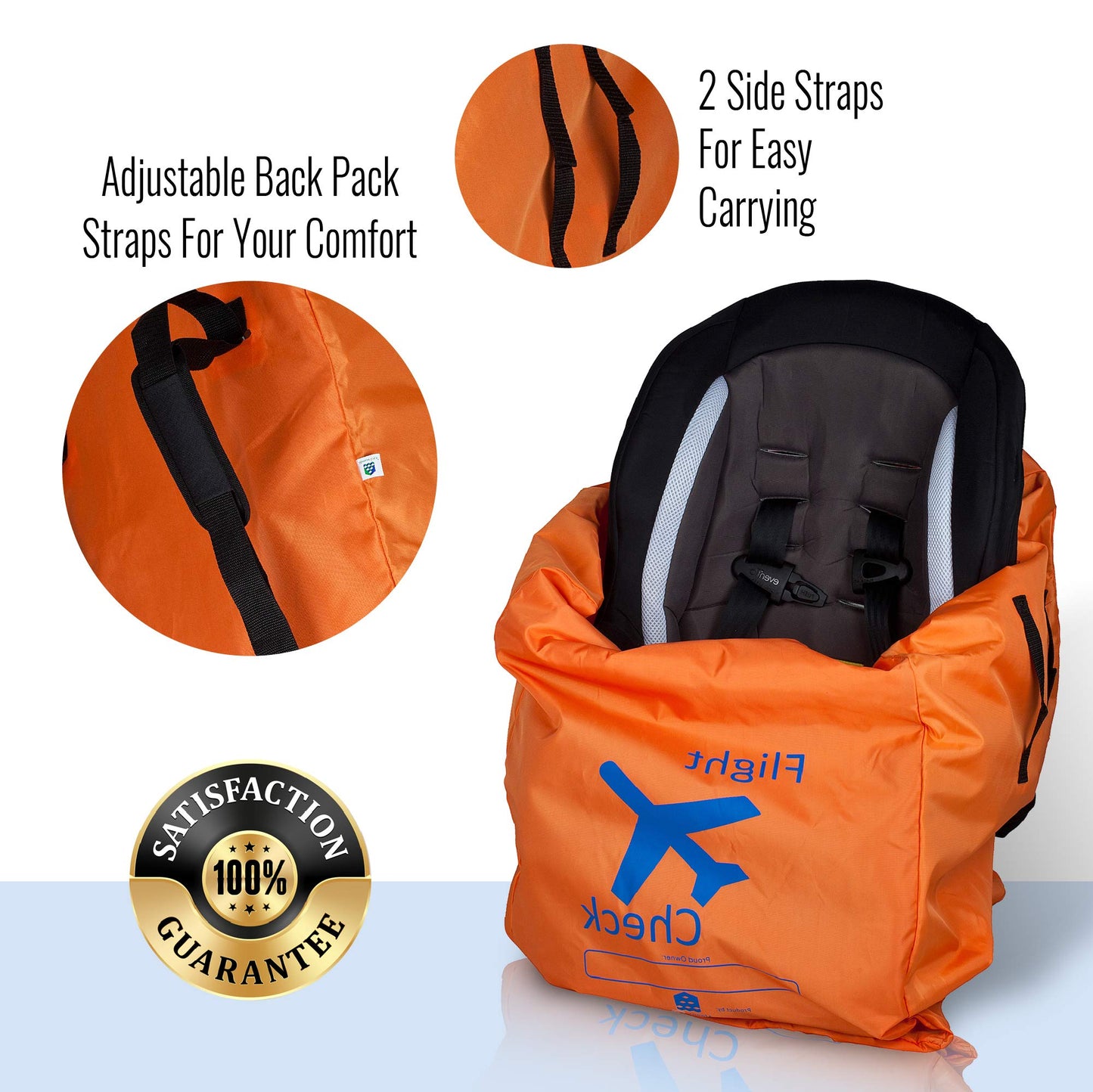 Car Seat Travel Bag And Carrier For Gate Check With Travel Pouch - Bright Orange With Blue Letters For Airport, Airplane Gate Ch