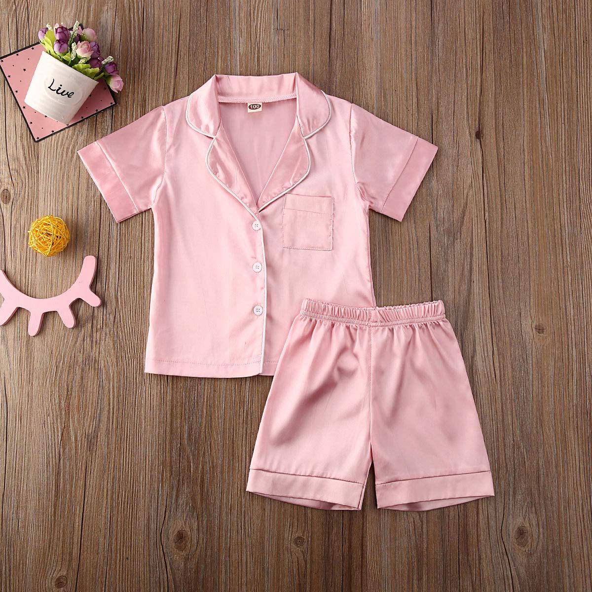 Toddler Baby Kids Satin Pajamas Set, Long Sleeve Button-Down Sleepwear Pjs For Girls (4T, Pink-Short Sleeve)