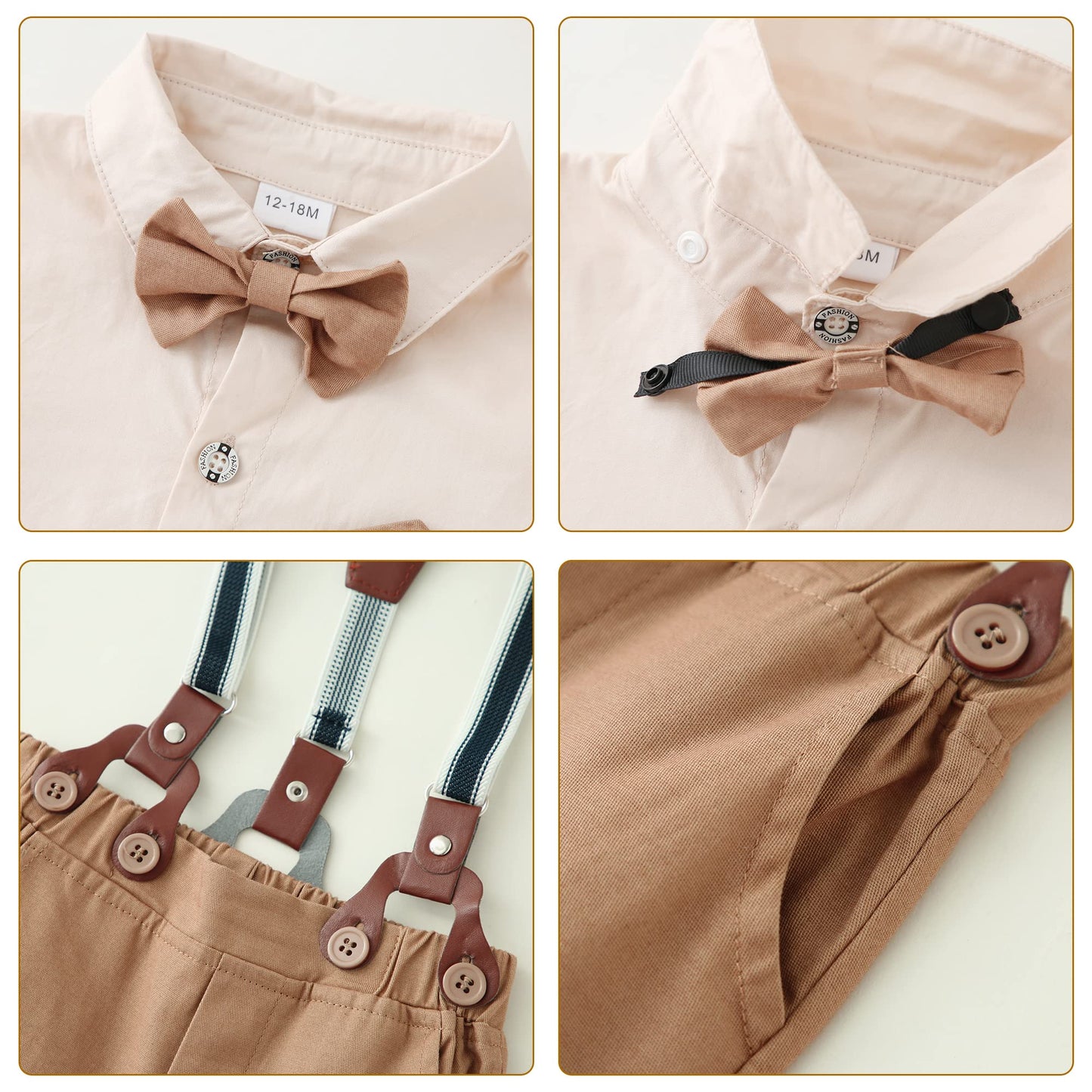 Disaur Toddler Boy Wedding Outfits Apricot Brown Long Sleeve Dress Shirt Bow Tie Suspender Pants Baptism Outfits For Boys 12 Mon