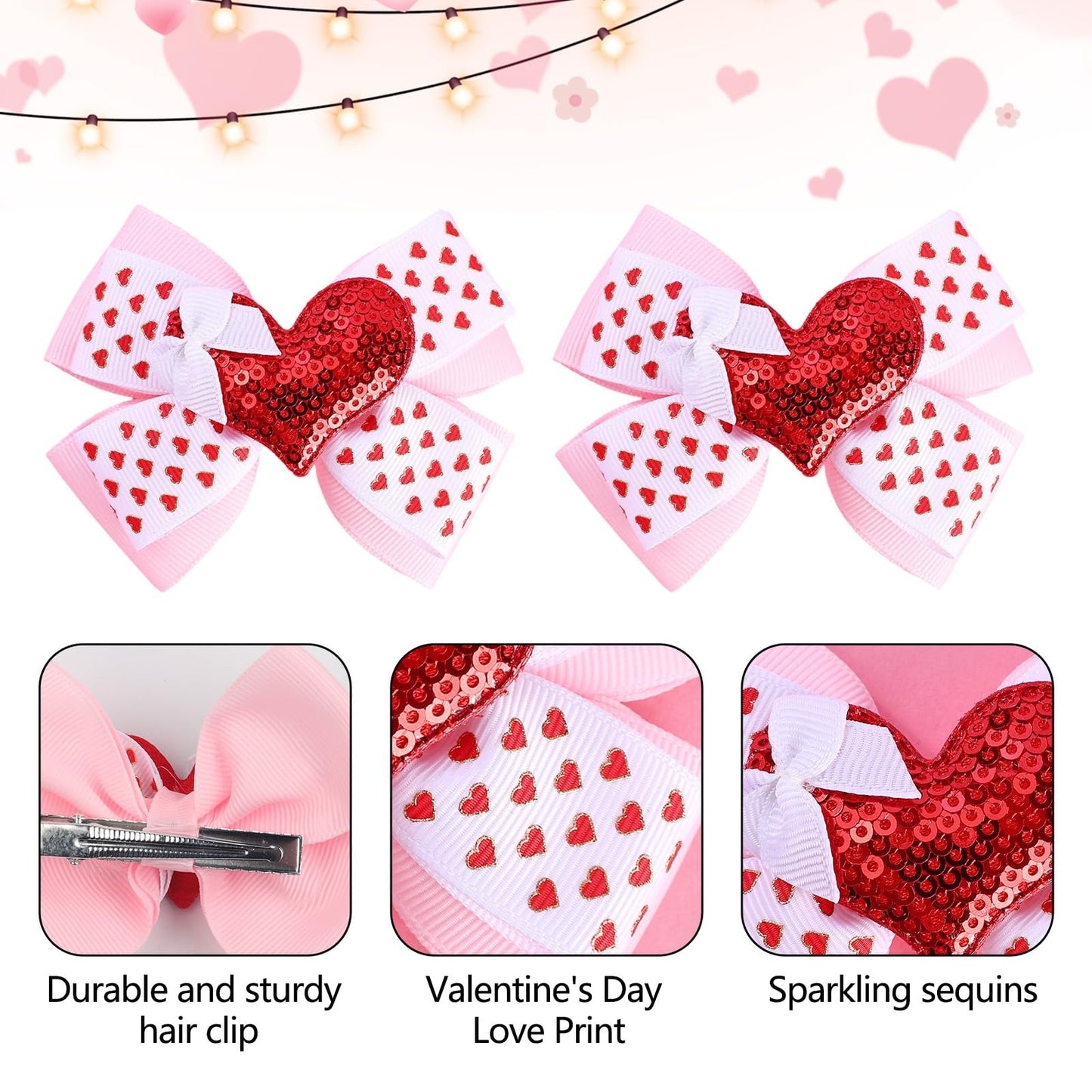 Valentine Hair Bows For Girls Cute Red Heart Hair Clips Bow Hair Accessories Party Supplies 2Pcs (Red Heart)
