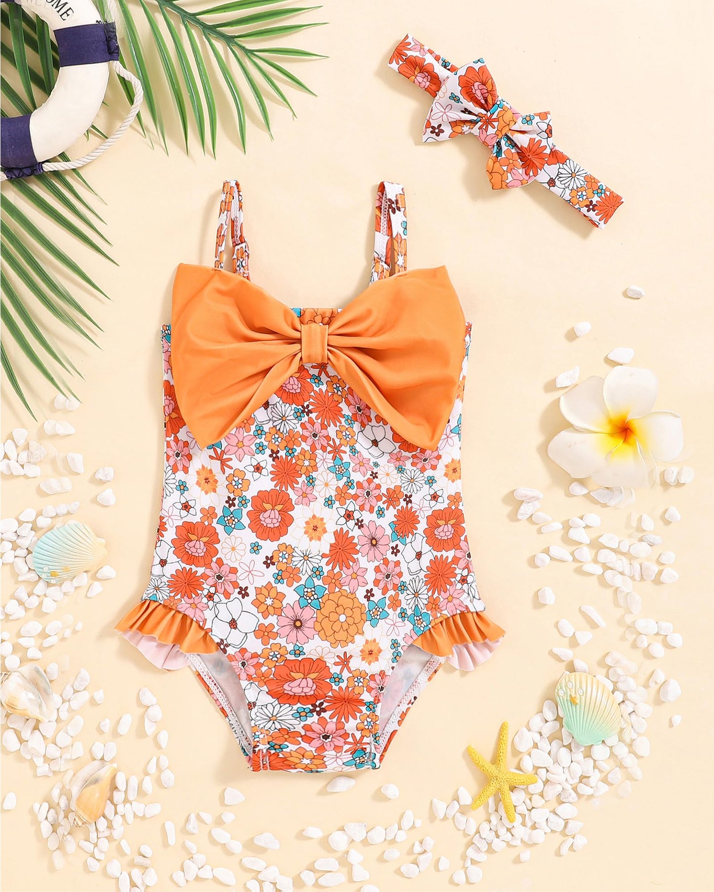 Mioglrie Toddler Baby 2T Swimsuit Girl 3T Bathing Suit Girls One Piece Swimwear Orange Floral Summer Beach Swim Suit