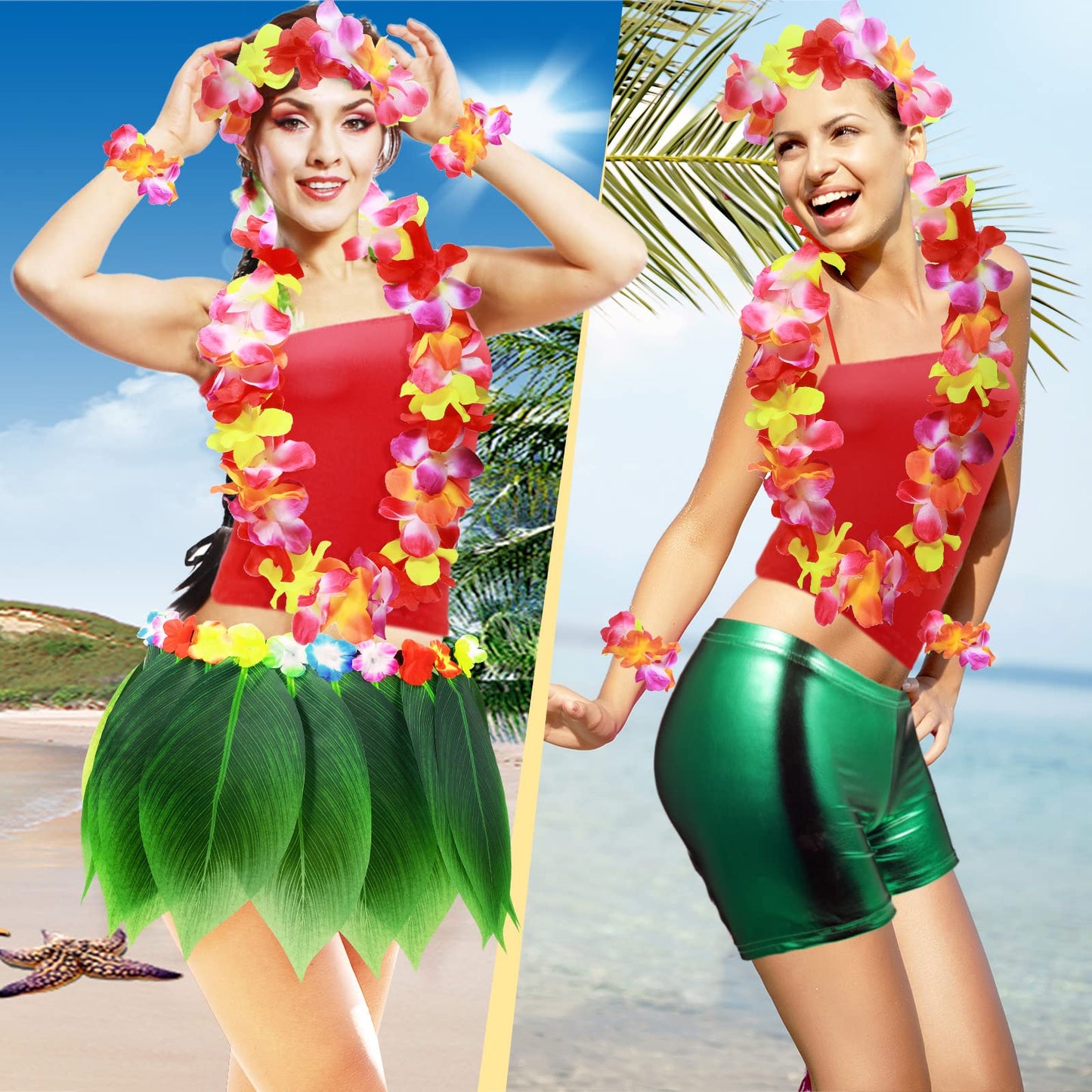 7 Pcs Leaf Hula Skirt And Hawaiian Leis Set Hibiscus Flowers Necklace Bracelet Headband Vest Shorts Hawaiian Costumes Party (Kid