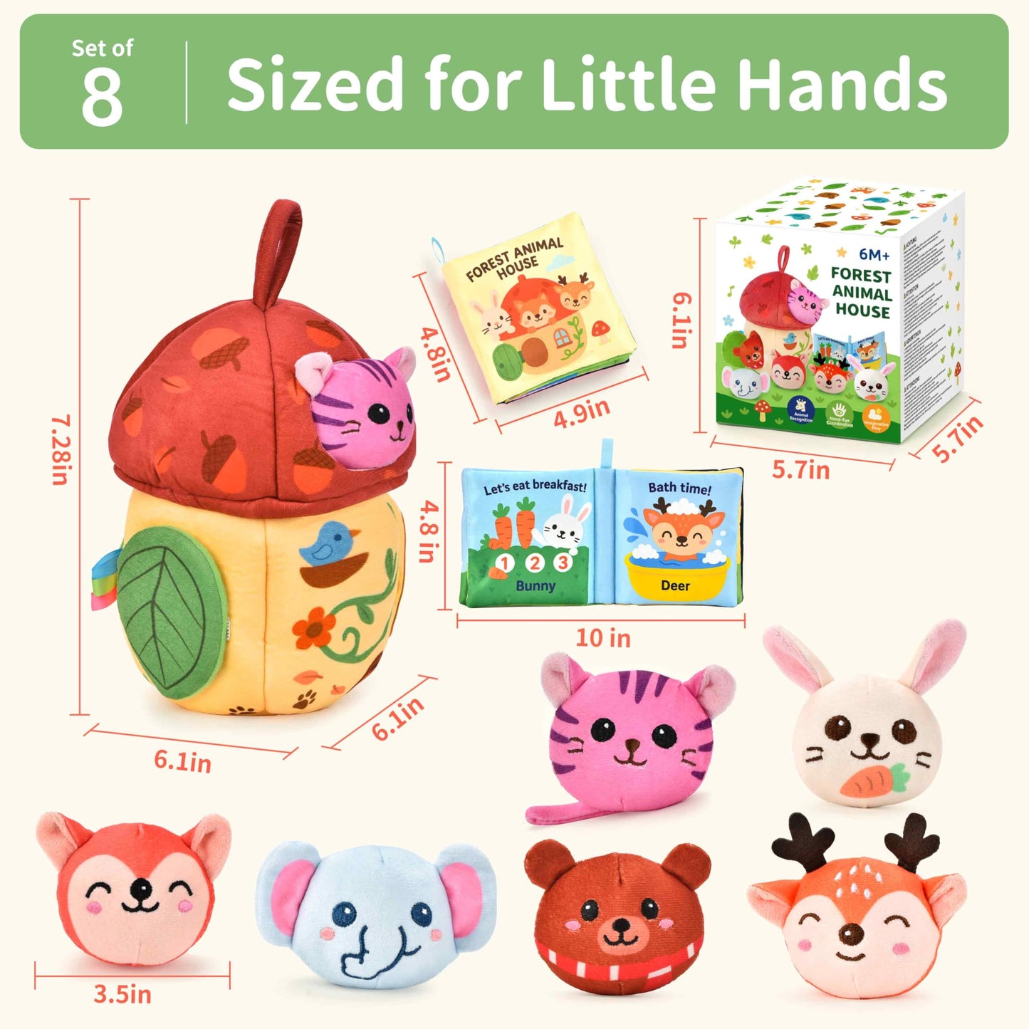 8-in-1 Montessori Toys for 1 Year Old & 6-12 Months Babies - Sensory Developmental Playset with Acorn House, Plush Animals & Clo