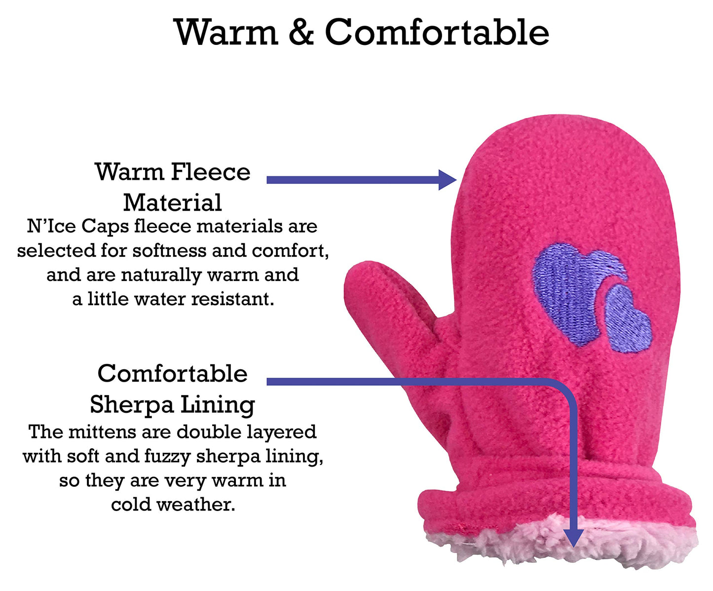 N'Ice Caps Little Kids And Baby Easy-On Sherpa Lined Fleece Mittens - 2 Pair Pack (Purple Hearts/Fuschia Hearts, 2-3 Years)