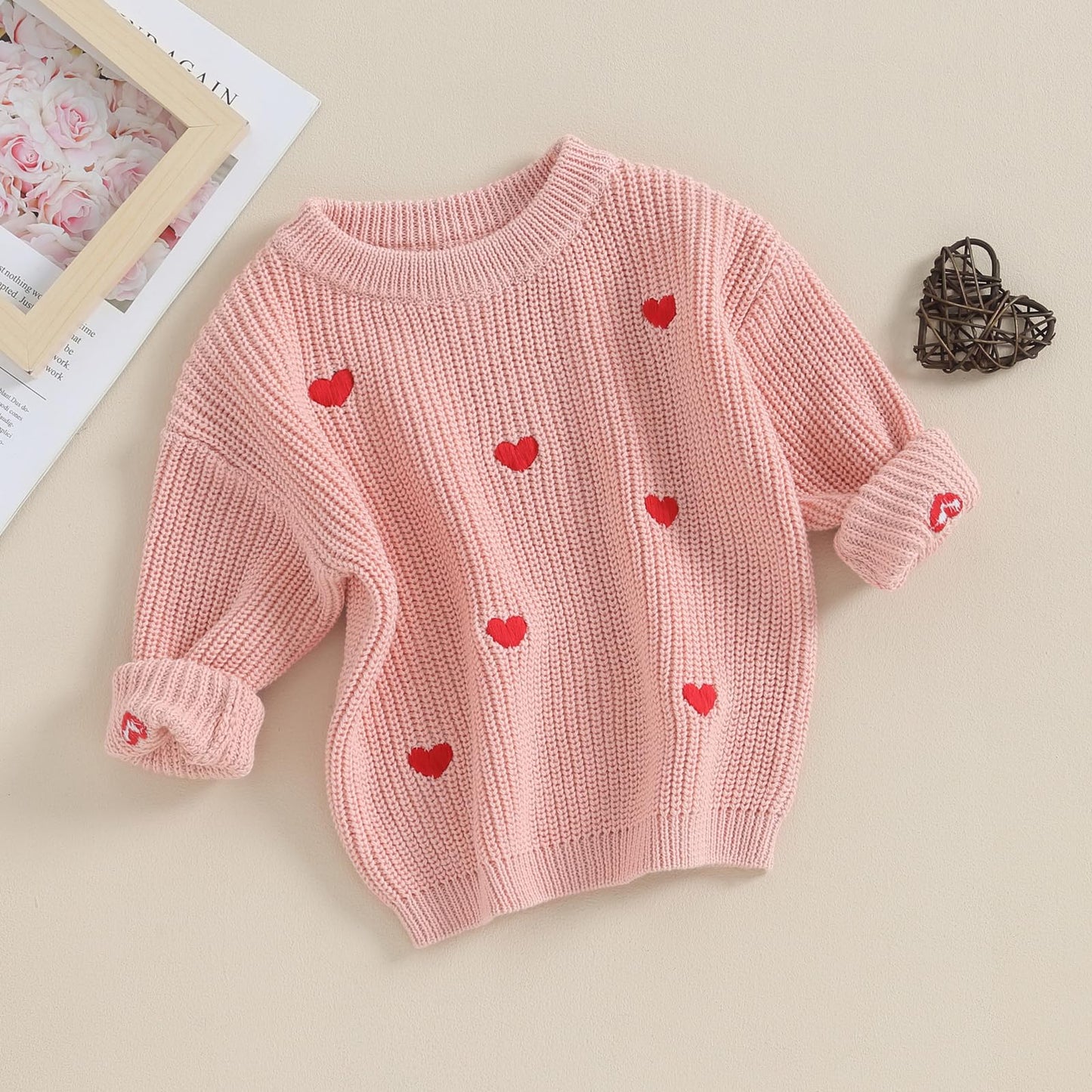 Baby Girl Cute Long Sleeve Crew Neck Love Embroidery Sweater Toddler Valentine Day Outfits (Pink Heart, 0-3 Months)