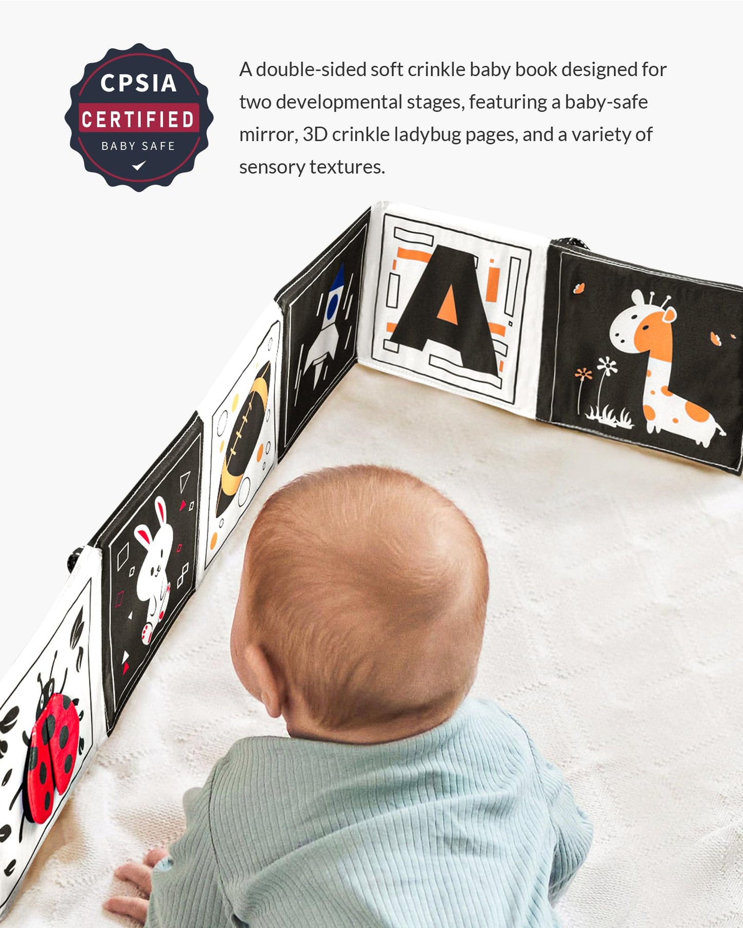 Infinno Black & White Baby Toys High Contrast Crinkle Cloth Activity Book, Infant Mirror Toys for Baby 0-6 Months, Newborn Senso