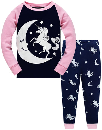 Little Girls Glow In Dark Unicorn Pajamas 2 Piece Set 100% Cotton Sleepwear Toddler Clothes Moon Style Pjs (Moon Unicorn-6214-6T