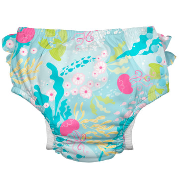 i play. by green sprouts Reusable, Eco Snap Ruffled Swim Diaper with Gussets, UPF 50, 6 mo, Aqua Coral Reef, Patented Design, ST
