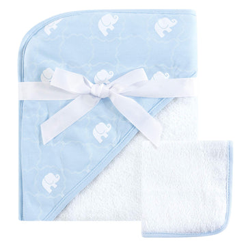 Hudson Baby Unisex Baby Cotton Hooded Towel And Washcloth, Blue Elephant, One Size