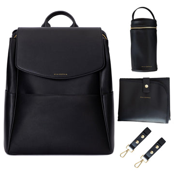 Mia + Sophia Leather Diaper Bag Backpack With Usb Charging Port, Changing Pad, Stroller Straps, And Bottle Holder (Black Olivia)