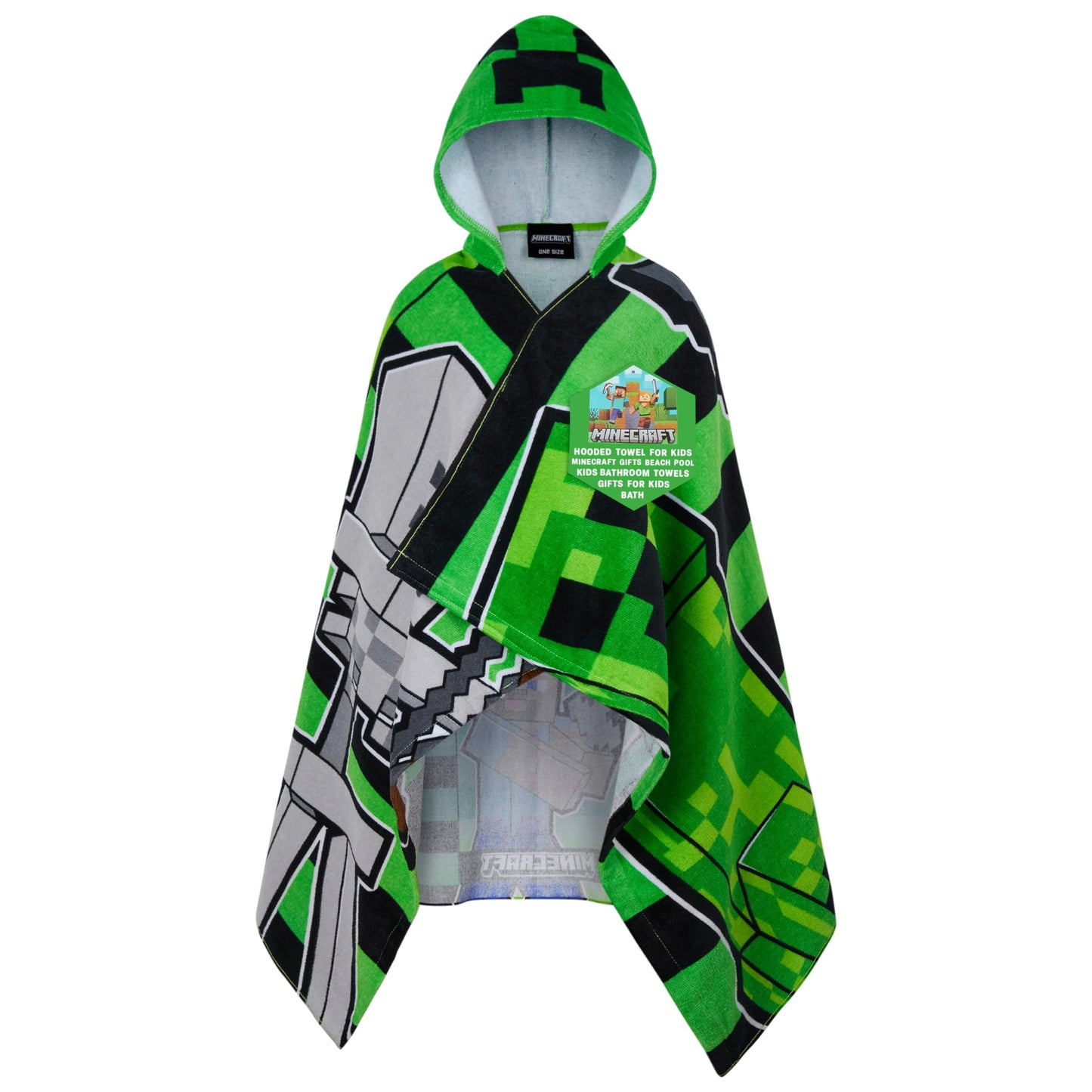 Minecraft Towelling Poncho Kids Teens Hooded Bath Towels Absorbent Beach Towel (Green/Black, 6-14 Years)
