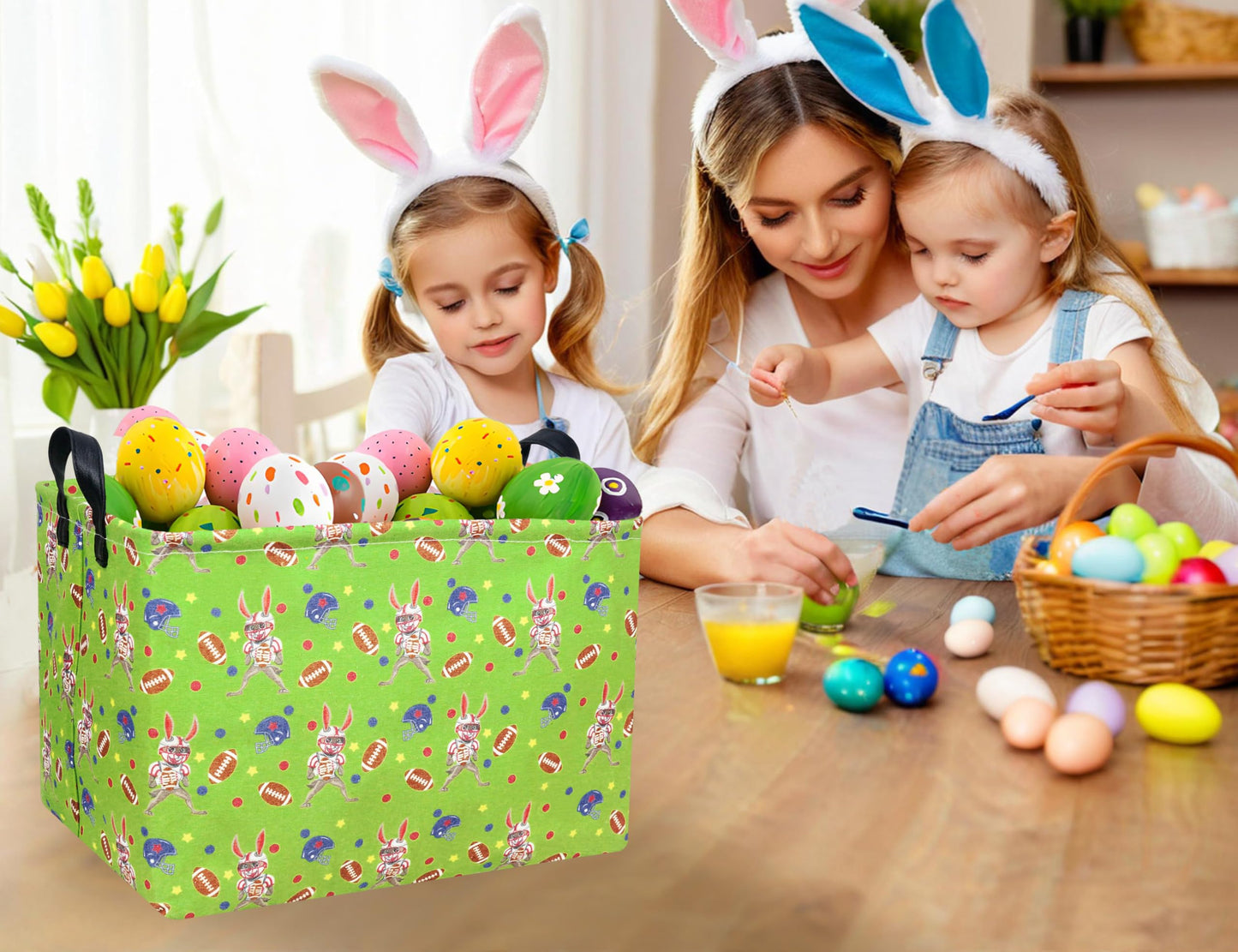 Boohit Large Football Easter Baskets For Kids Personalized Baby Easter Basket Blueteen Boy Spring Decor (Rugby Bunny)