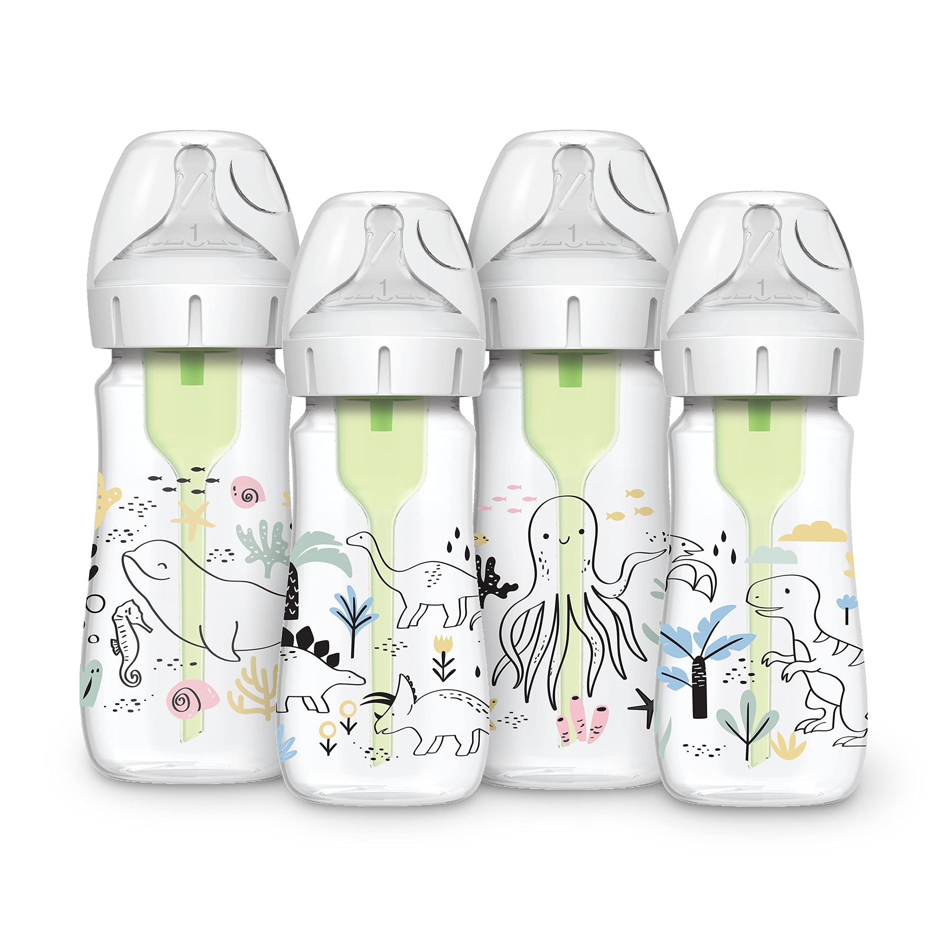 Dr. Browns Natural Flow Anti-Colic Options+ Wide-Neck Baby Bottle Designer Edition Bottles, Dinosaur and Ocean Design, 9 oz/270 