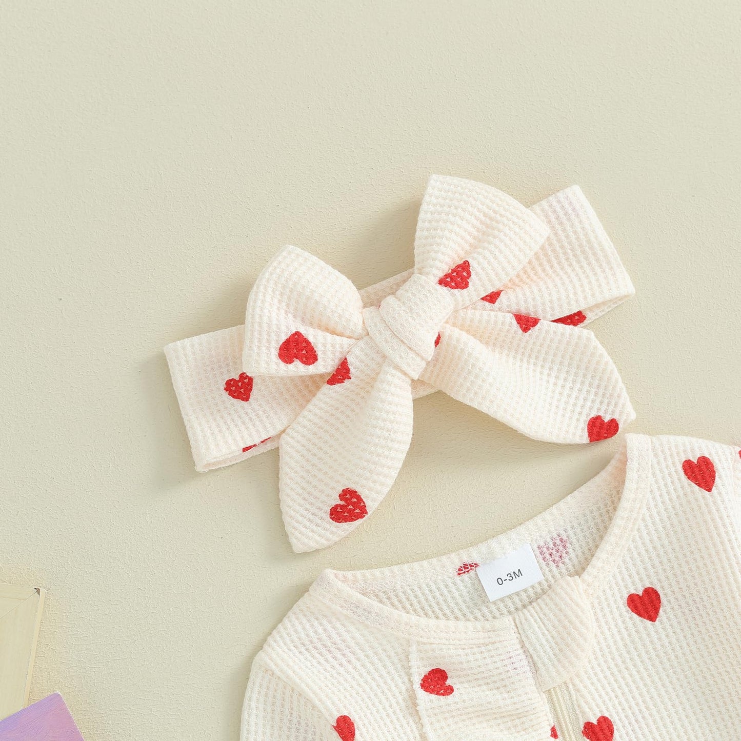 Filgriox My First Valentines Day Baby Girl Outfit Newborn Footie Romper Heart Bodysuit + Headband Infant One Piece Outfit (Beige