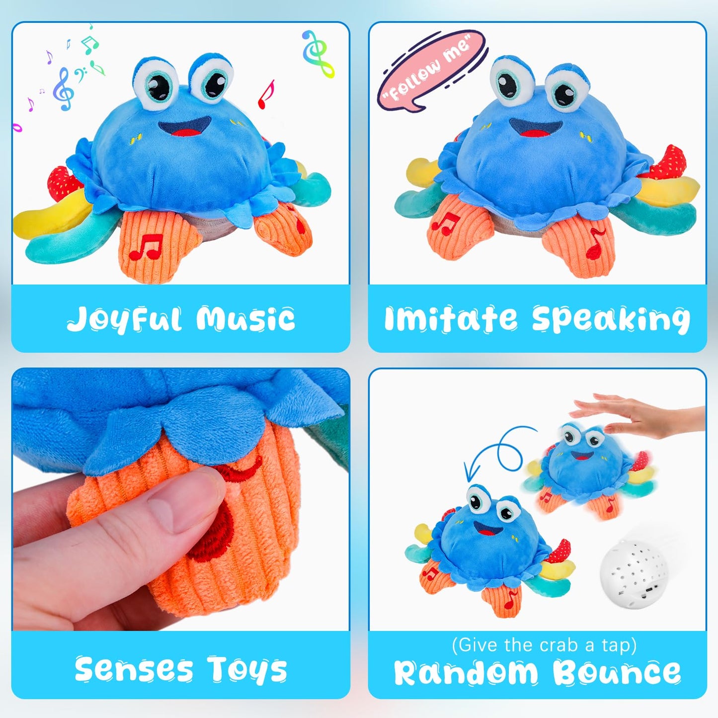 YUANNA Baby Toys 1 Year Old 6-12 Month Tummy Time Toys Crawling Musical Crab Plush Toy Dancing Walking Moving Bouncing Sensory T