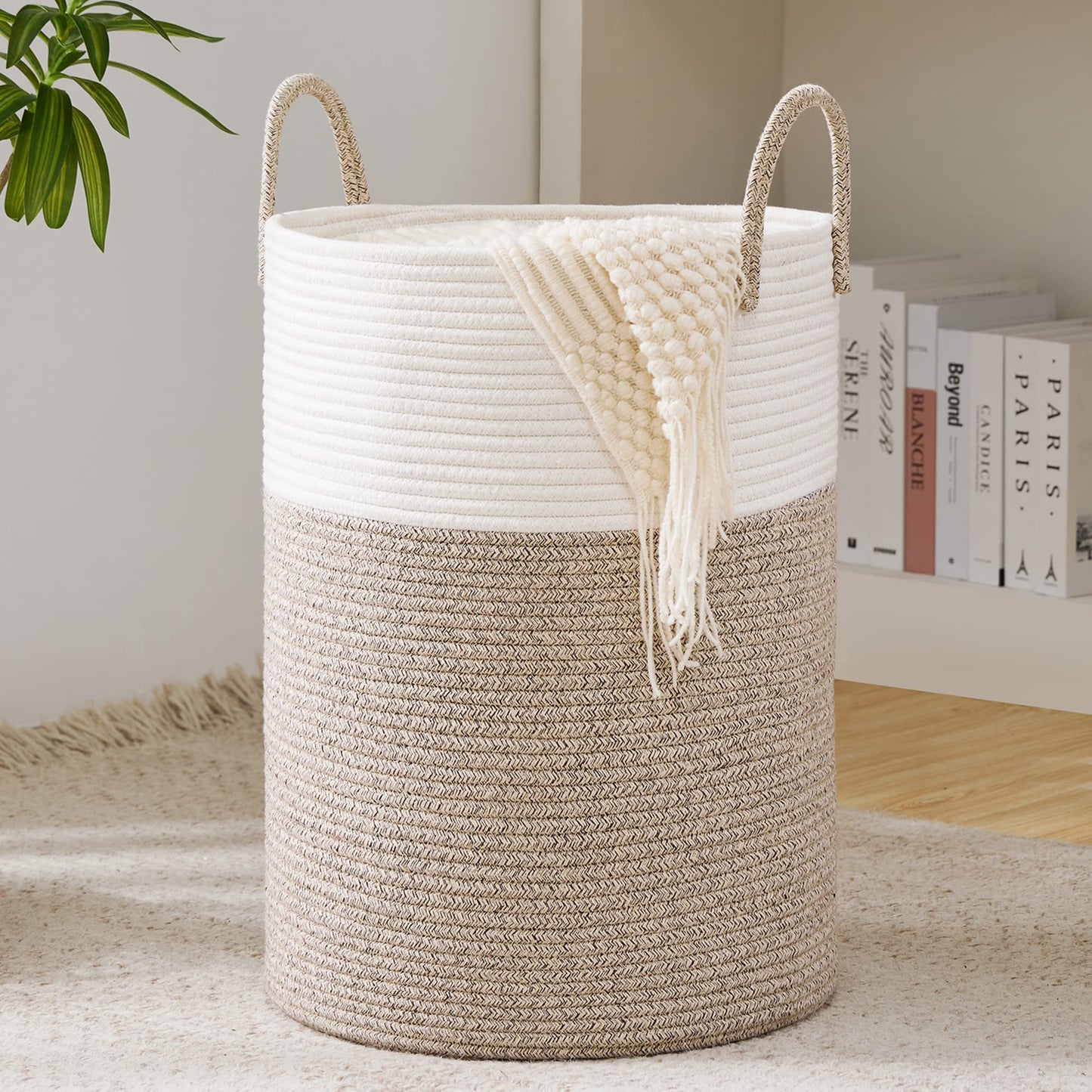 YOUDENOVA Woven Rope Laundry Hamper Basket, 58L Tall Laundry Basket, Baby Nursery Hamper for Blanket Storage in Bedroom-Large-Br