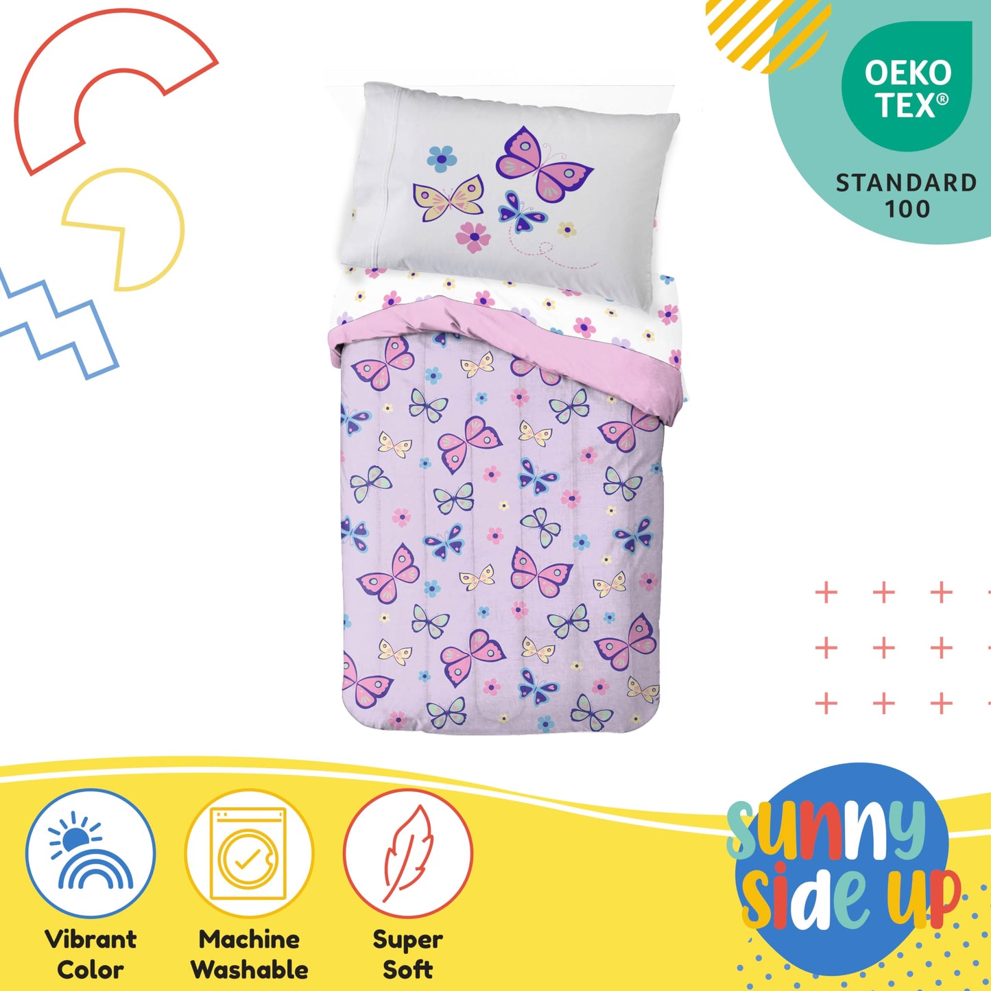 Sunny Side Up Butterfly Toddler Comforter Set - 4 Piece Toddler Bedding Includes Comforter, Sheets & Pillow Cover - Super Soft P
