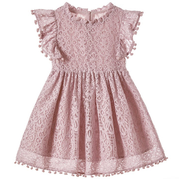 Niyage Toddler Girls Elegant Lace Pom Pom Flutter Sleeve Party Princess Dress Dusty Pink 90