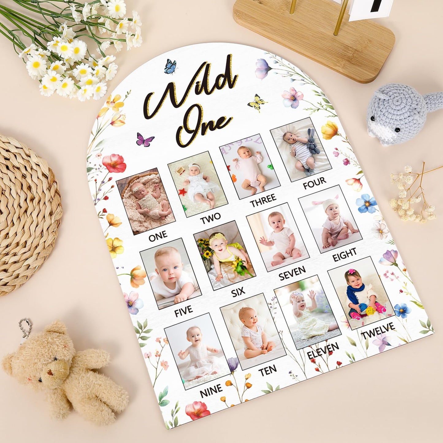 My First Year Photo Board Wild One Photo Board Spring Wildflower One Year Old Birthday Decoration First Year Picture Frame 12 Mo