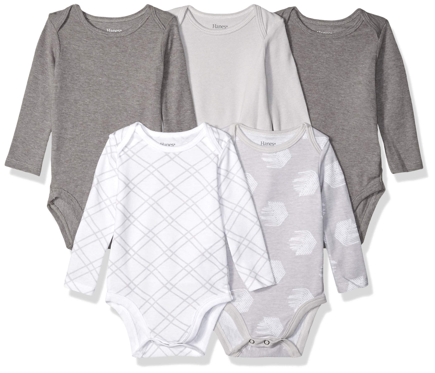 Hanes Baby Boys Ultimate Flexy 5 Pack Long Sleeve Bodysuits Bodystocking, Grey Fun, 0-6 Months Us