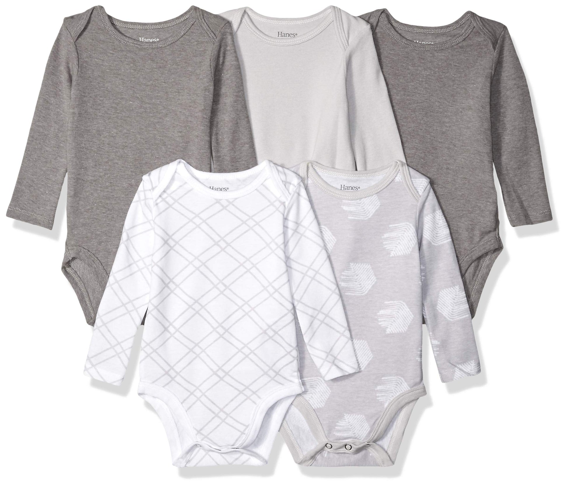 Hanes Baby Boys Ultimate Flexy 5 Pack Long Sleeve Bodysuits Bodystocking, Grey Fun, 0-6 Months Us
