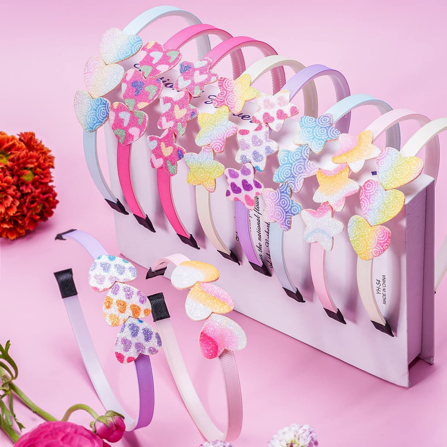 Fishdown Glitter Heart Headbands For Girls ,10Pcs Rainbow Star Hairband For Girls Kids Toddler,Rainbow Glitter Headband With Tee