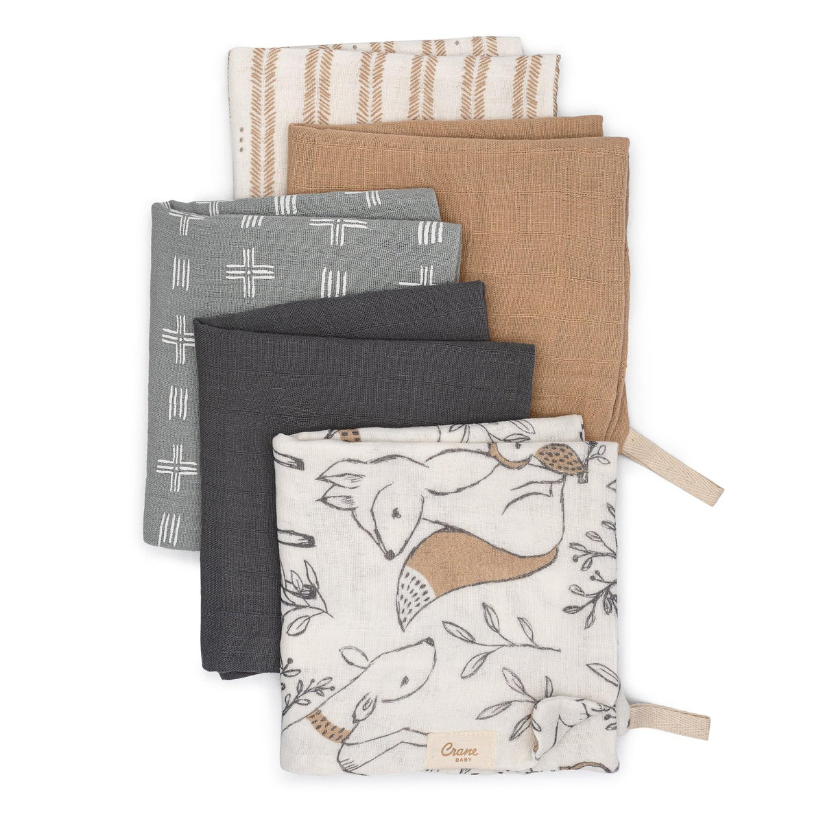 Crane Baby Wash Cloth Set, 100% Cotton Baby Washcloths, Set of 5 Baby Washcloths, Woodland Animal Theme, Baby Washcloths for New