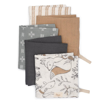Crane Baby Wash Cloth Set, 100% Cotton Baby Washcloths, Set of 5 Baby Washcloths, Woodland Animal Theme, Baby Washcloths for New