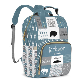 Woodland Bear Custom Name Diaper Bag Backpack for Baby Boys, Slate Blue Gray Personalized Name Cute Cartoon Large Nappy Nursing 