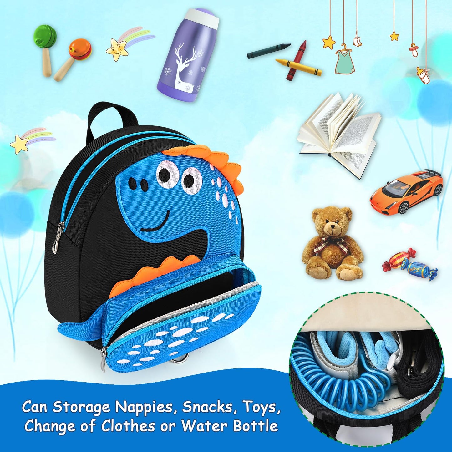 Accmor Toddler Backpack Leash, Cute Dinosaur Kids Harness Backpacks With Anti Lost Wrist Link, Adorable Child Backpack Mini Bag