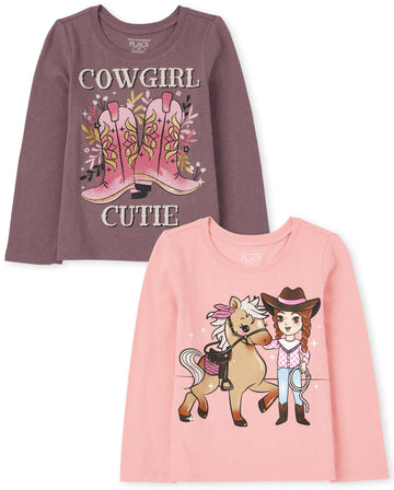 The Children'S Place Girls And Toddler Long Sleeve Graphic T-Shirt 2-Pack T Shirt, Cowgirl Cutie/Cowgirl Horse, 4T Us