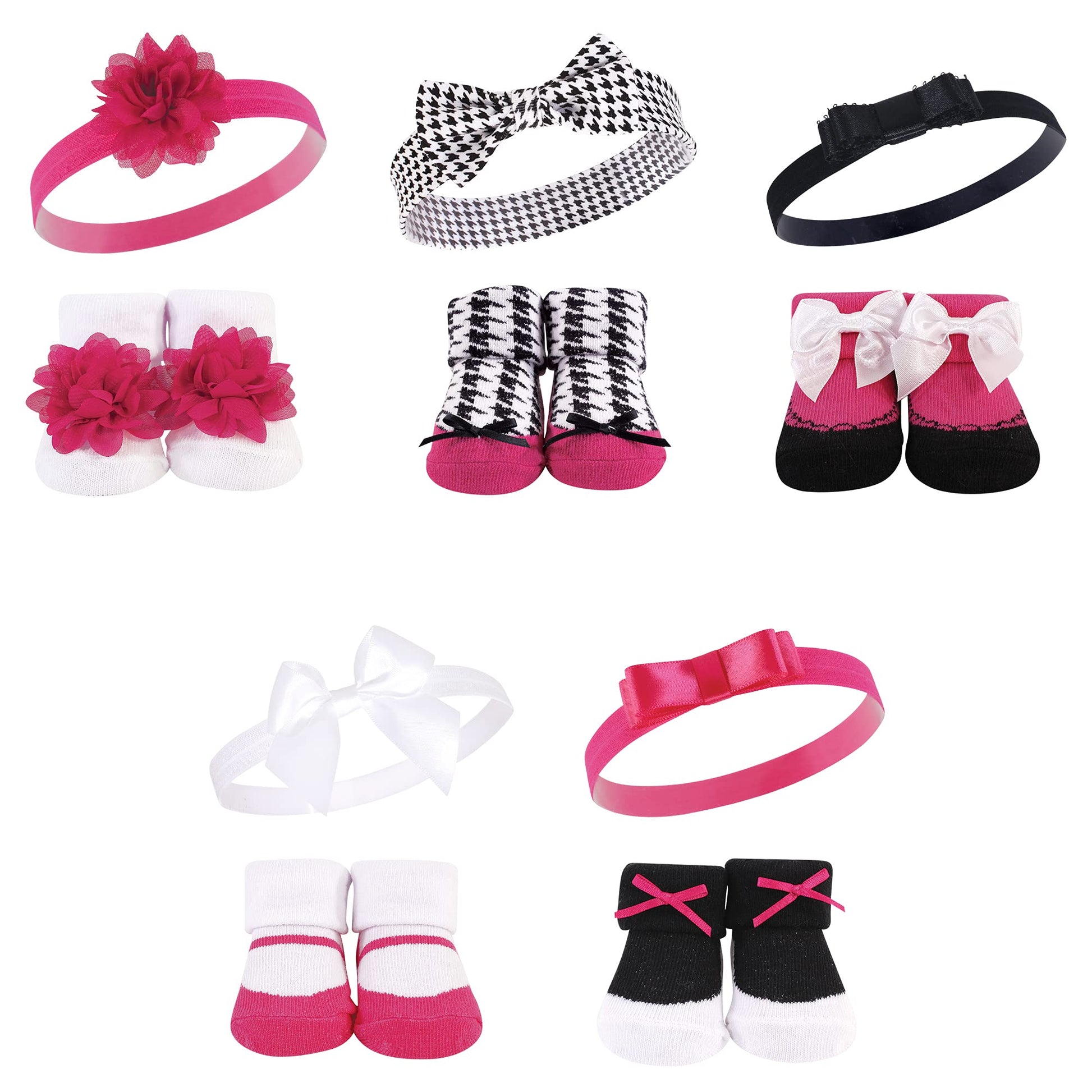 Hudson Baby Infant Girl Headband And Socks Giftset Dark Pink Black 10-Pack, One Size