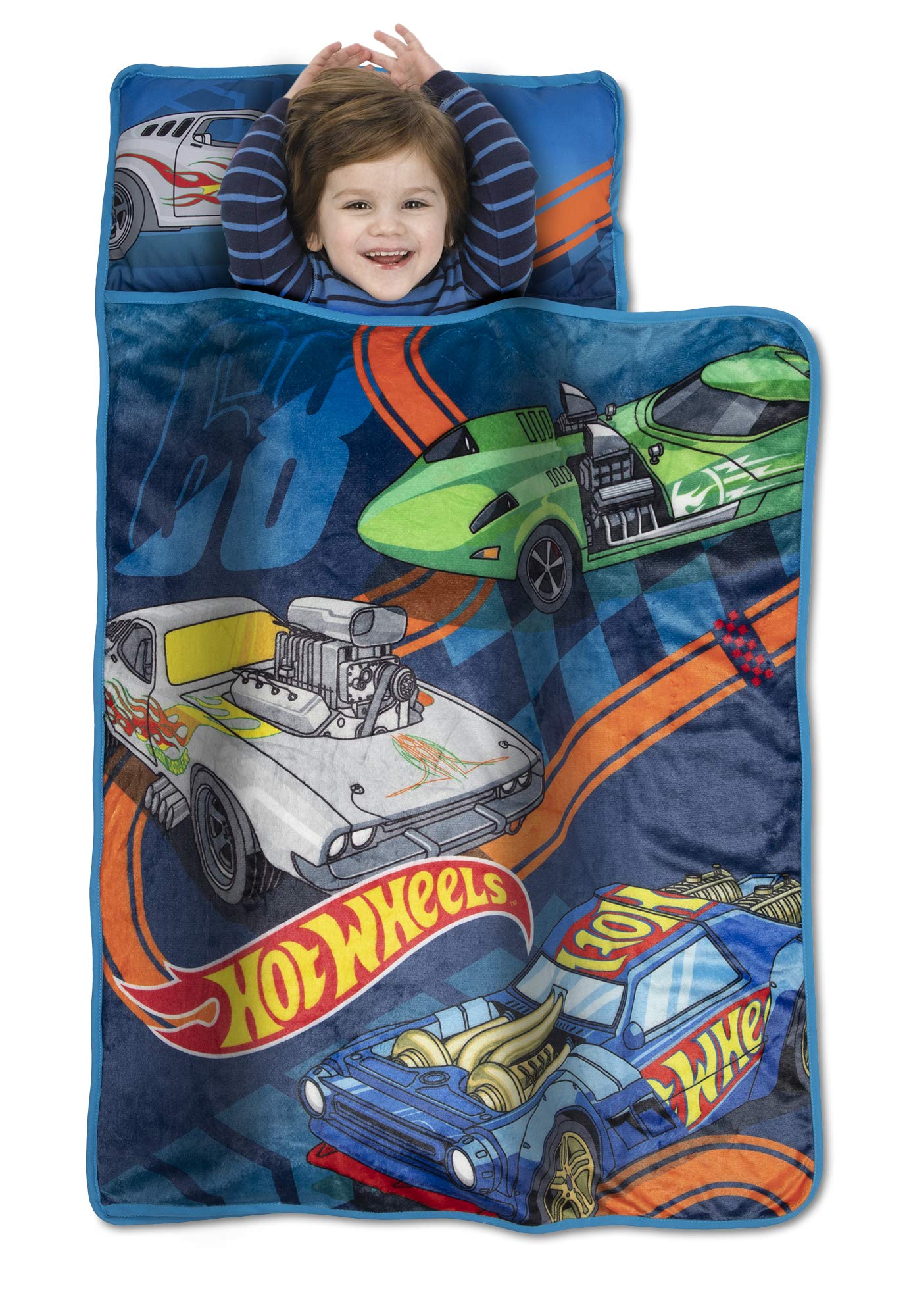 Hot Wheels Race Car Toddler Nap Mat  Includes Pillow & Plush Blanket  Great for Boys and Girls Napping at Daycare, Preschool, 