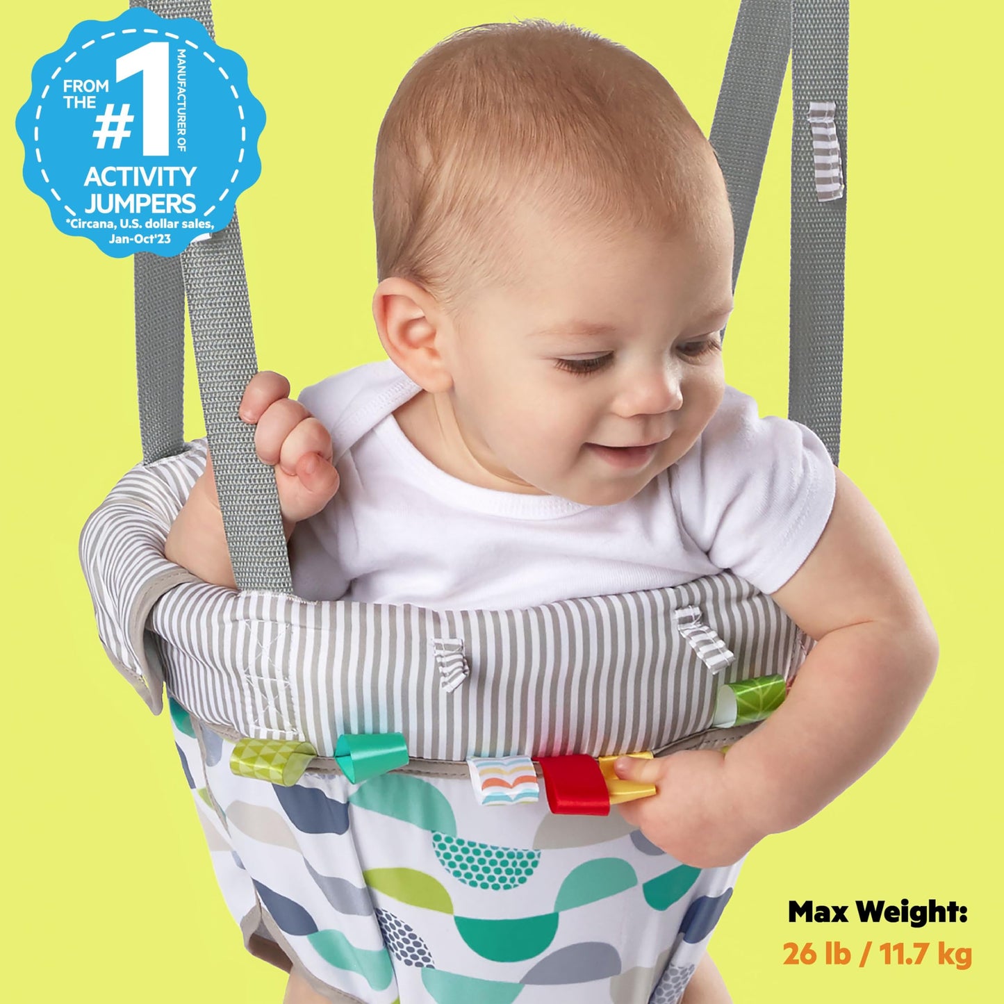 Bright Starts Playful Parade Door Jumper For Baby With Adjustable Strap, 6 Months And Up, Max Weight 26 Lbs