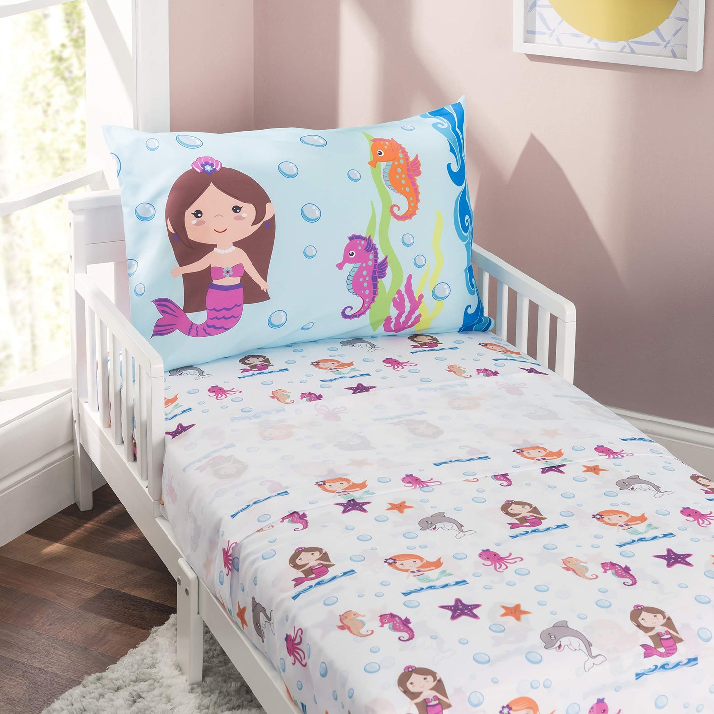 Everyday Kids 3-Piece Toddler Fitted Sheet, Flat Sheet And Pillowcase Set - Mermaids Undersea Adventures - Soft Breathable Micro