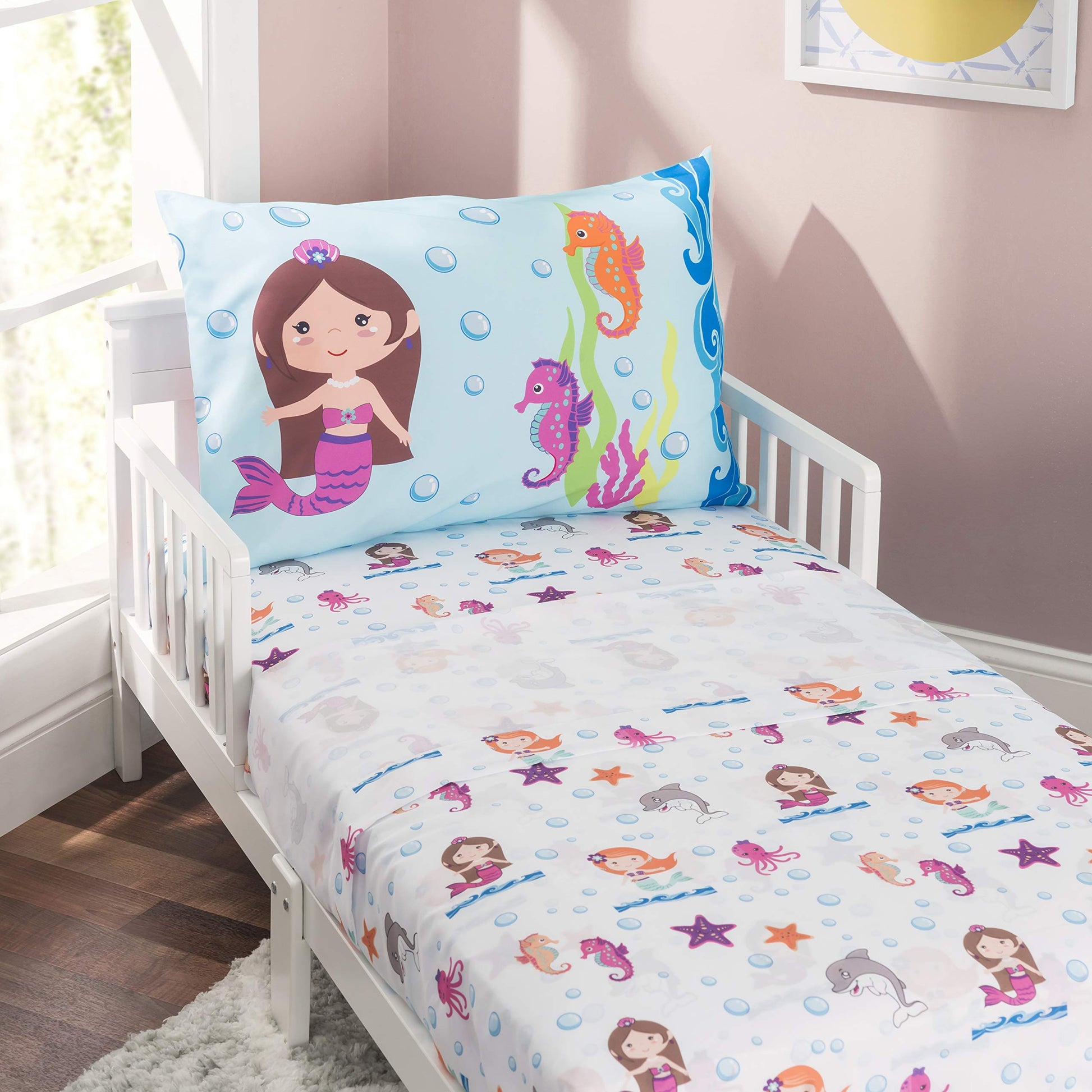 Everyday Kids 3-Piece Toddler Fitted Sheet, Flat Sheet And Pillowcase Set - Mermaids Undersea Adventures - Soft Breathable Micro