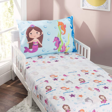 Everyday Kids 3-Piece Toddler Fitted Sheet, Flat Sheet And Pillowcase Set - Mermaids Undersea Adventures - Soft Breathable Micro