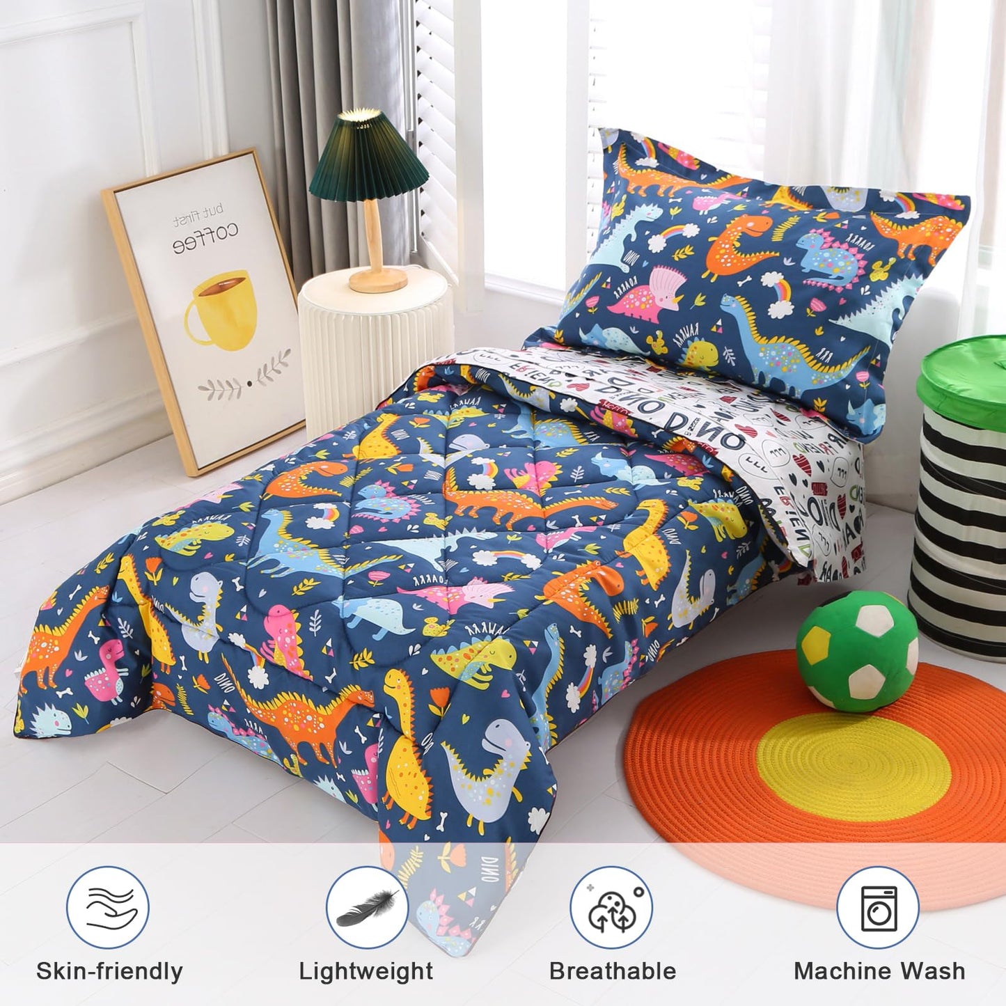 Wowelife Dinosaur Toddler Bedding Set For Boys Grey 4 Piece Toddler Bed Sets Blue Kids Toddler Comforter Set Breathable Soft Wit