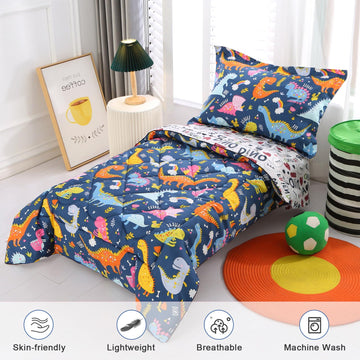 Wowelife Dinosaur Toddler Bedding Set For Boys Grey 4 Piece Toddler Bed Sets Blue Kids Toddler Comforter Set Breathable Soft Wit