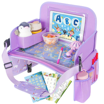 Menzoke Car Seat Tray For Kids Travel, Car Seat Activity Trays With Educational Drawing Board,Tablet Holder & Cooler Cup Holder,